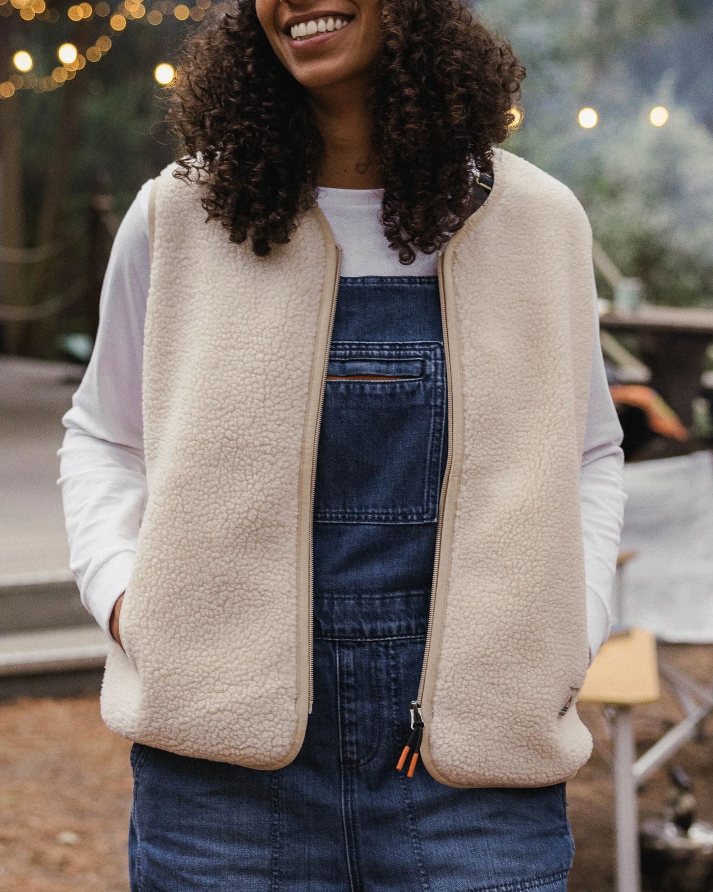 Tawny Collarless Deep-Pile Sherpa Gilet - Oat